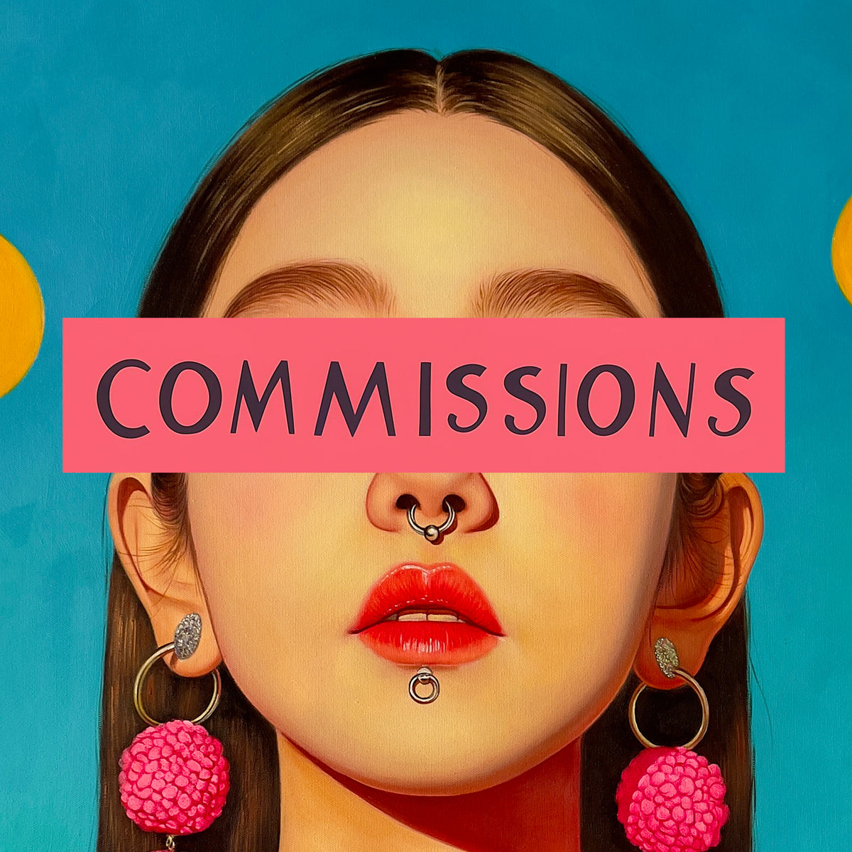 Close-up of a person's face with text overlay on a blue background COMMISSIONS MEFREEK
