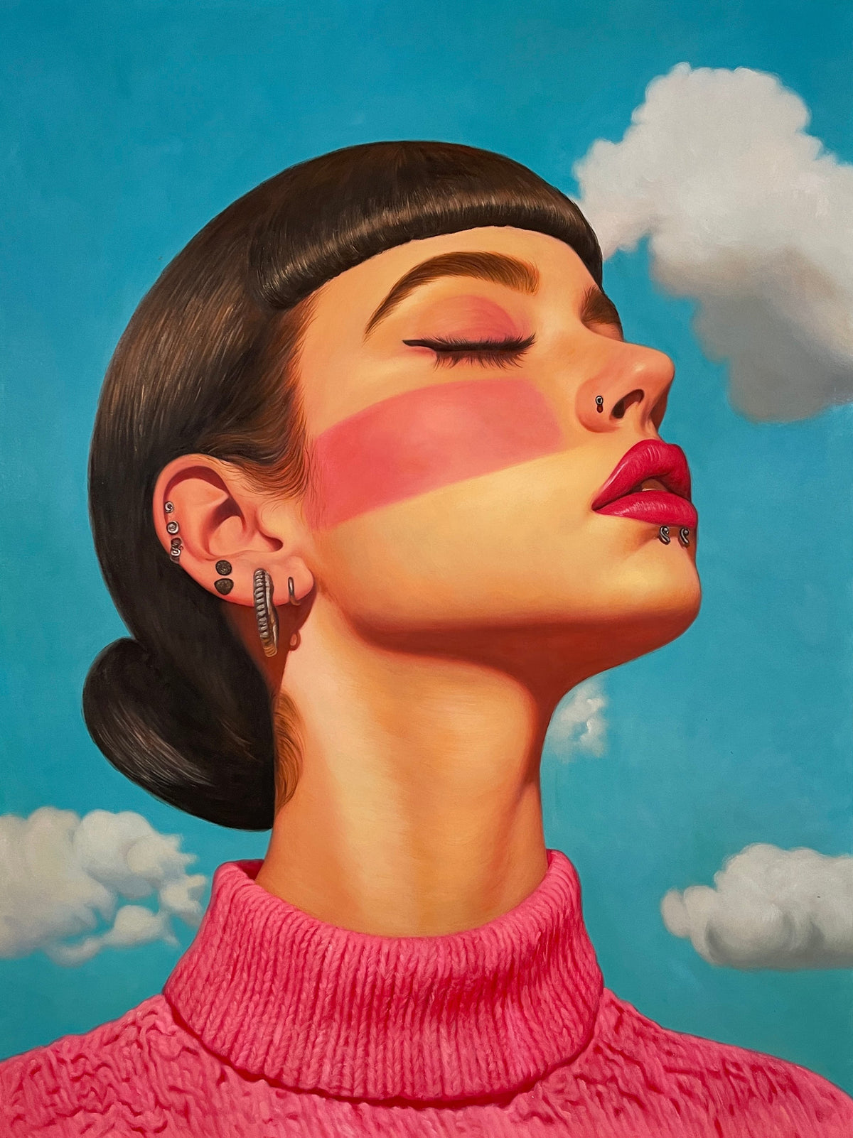 Seth Jennemann MEFREEK The Weight Of Being Weightless oil painting hyperreal pop surrealism contemporary portrait of a woman in side profile with multiple ear piercings, pink face stripe, slick black hair, wearing a vivid pink sweater under a bright blue sky with fluffy clouds.