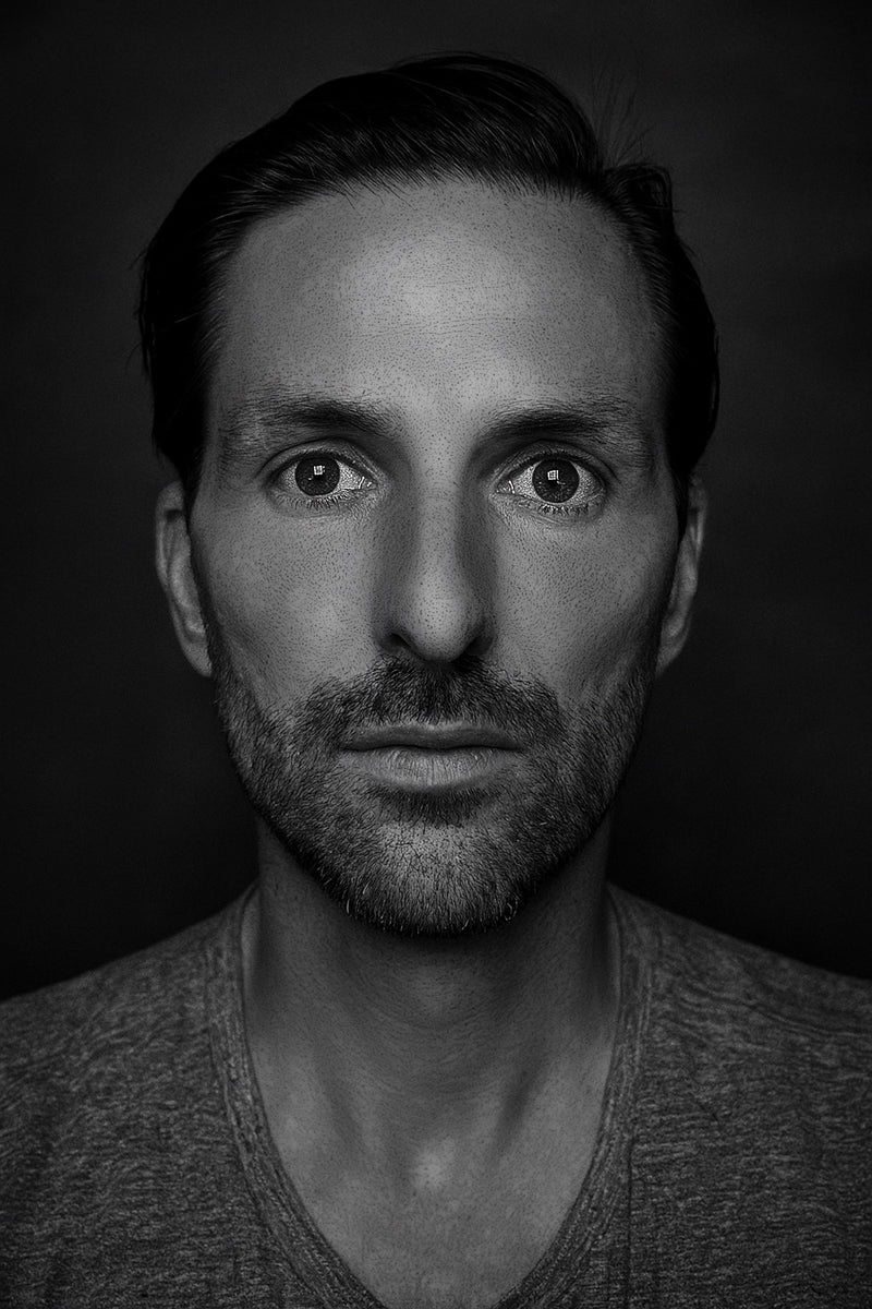 Seth Jennemann MEFREEK artist portrait photo, moody lighting, minimalist background, contemporary art, Tulsa Los Angeles California Oklahoma painter, emotional expression, Jenneman