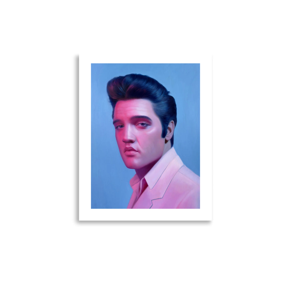 MEFREEK Seth Jennemann Open Edition Print portrait of Elvis Presley with iconic pompadour hairstyle and calm expression, hyper realistic oil painting style with soft blue and pink gradient lighting and a refined retro aesthetic. An American Ending