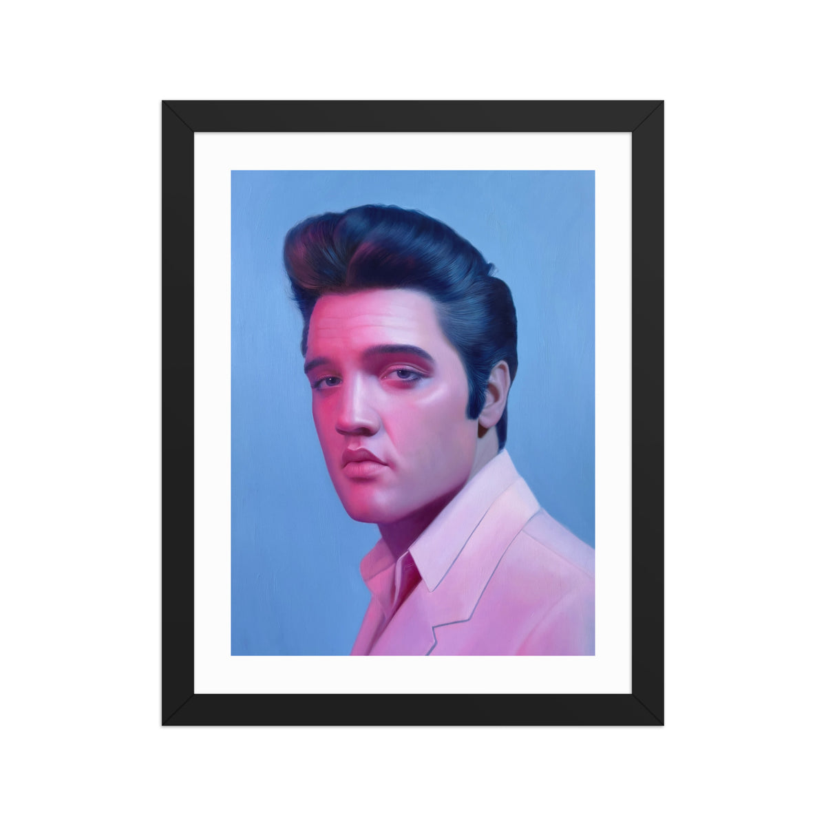 MEFREEK Seth Jennemann Open Edition Framed Print An American Ending, hyperreal portrait of Elvis Presley with slicked back hair, soft pink and blue neon lighting across the face, wearing a pale suit jacket against a smooth gradient background, contemporary fine art with nostalgic pop icon aesthetic