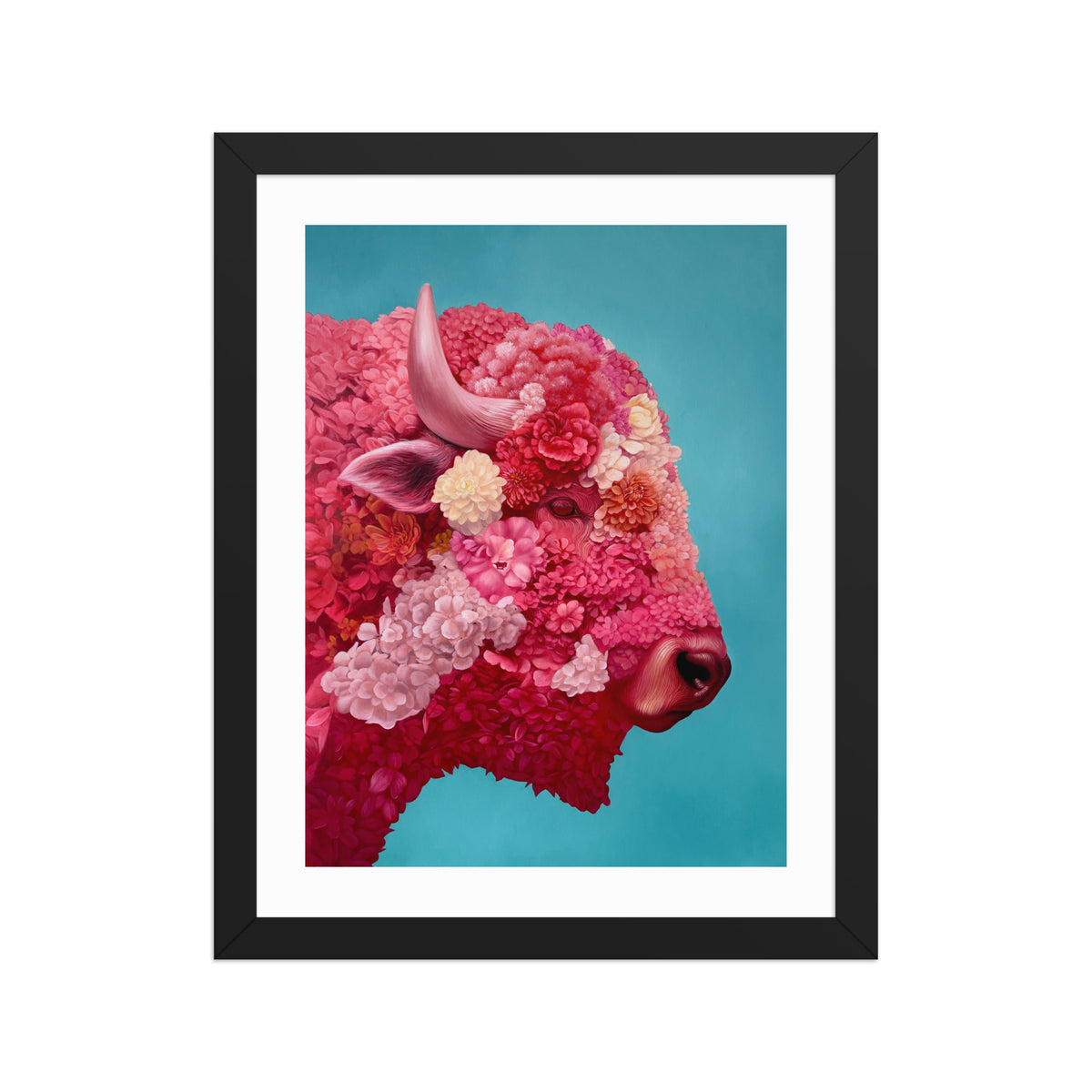 MEFREEK Seth Jennemann Open Edition Print Armor For A Hopeless Charge framed wall art featuring a pink bison head covered in layered flowers against a turquoise background, hyperreal surreal oil painting with rich textures and sculptural floral detailing.