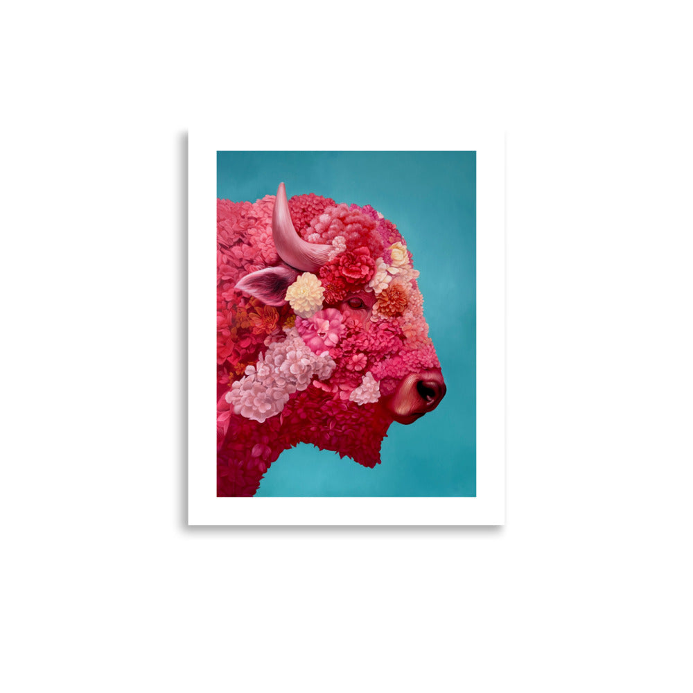 MEFREEK Seth Jennemann Open Edition Print Armor For A Hopeless Charge fine art print of a vibrant pink bison composed of dense floral textures on a smooth turquoise backdrop, contemporary surrealist oil painting with bold color contrast and soft gradients.
