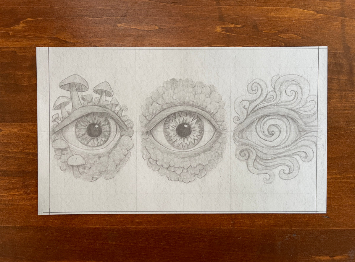 Seth Jennemann MEFREEK — Allergic Reaction, graphite pencil illustration in conceptual surrealist sketch style. Three eyes transform through organic evolution, from a fungal eye sprouting mushrooms to a petal-covered iris and a swirling abstract vortex, exploring mutation and perception.
