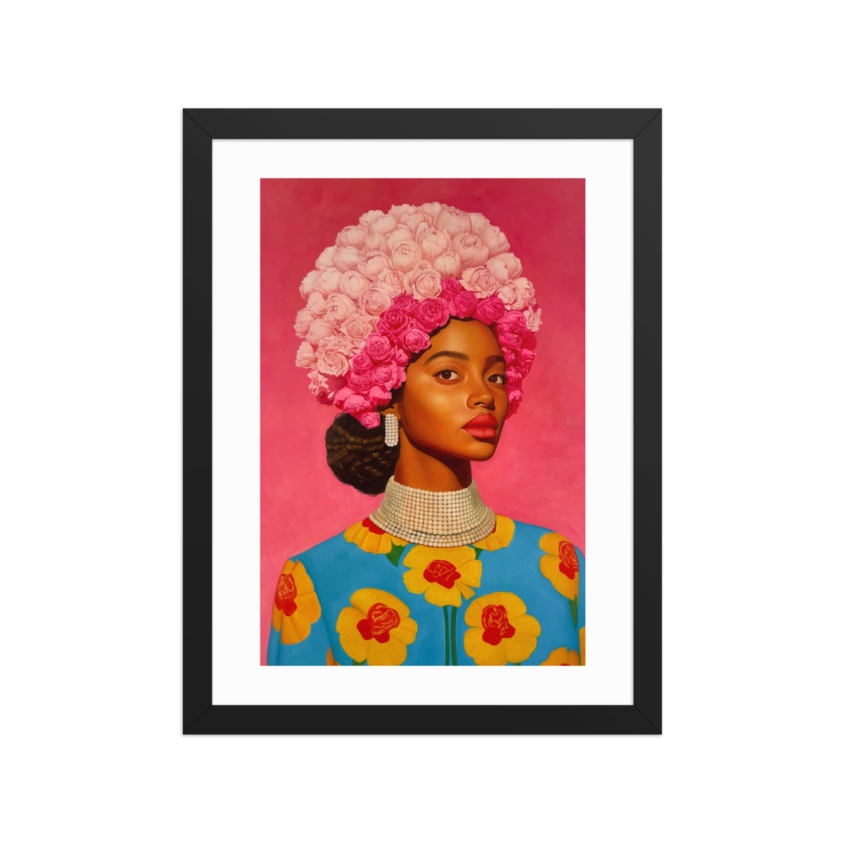 MEFREEK Seth Jennemann Open Edition Print A Smile That Came With Strings Attached framed wall art featuring a hyperreal portrait of a woman with a crown of pink roses, wearing bold pearl jewelry and a blue floral outfit against a vibrant pink background, pop surrealist oil painting with vivid color contrast.
