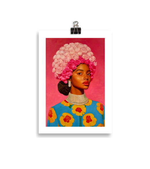 MEFREEK Seth Jennemann Open Edition Print A Smile That Came With Strings Attached fine art print of a hyperreal woman adorned with a pink rose crown, pearl accessories, and colorful floral attire, contemporary surreal portrait on a saturated pink backdrop.