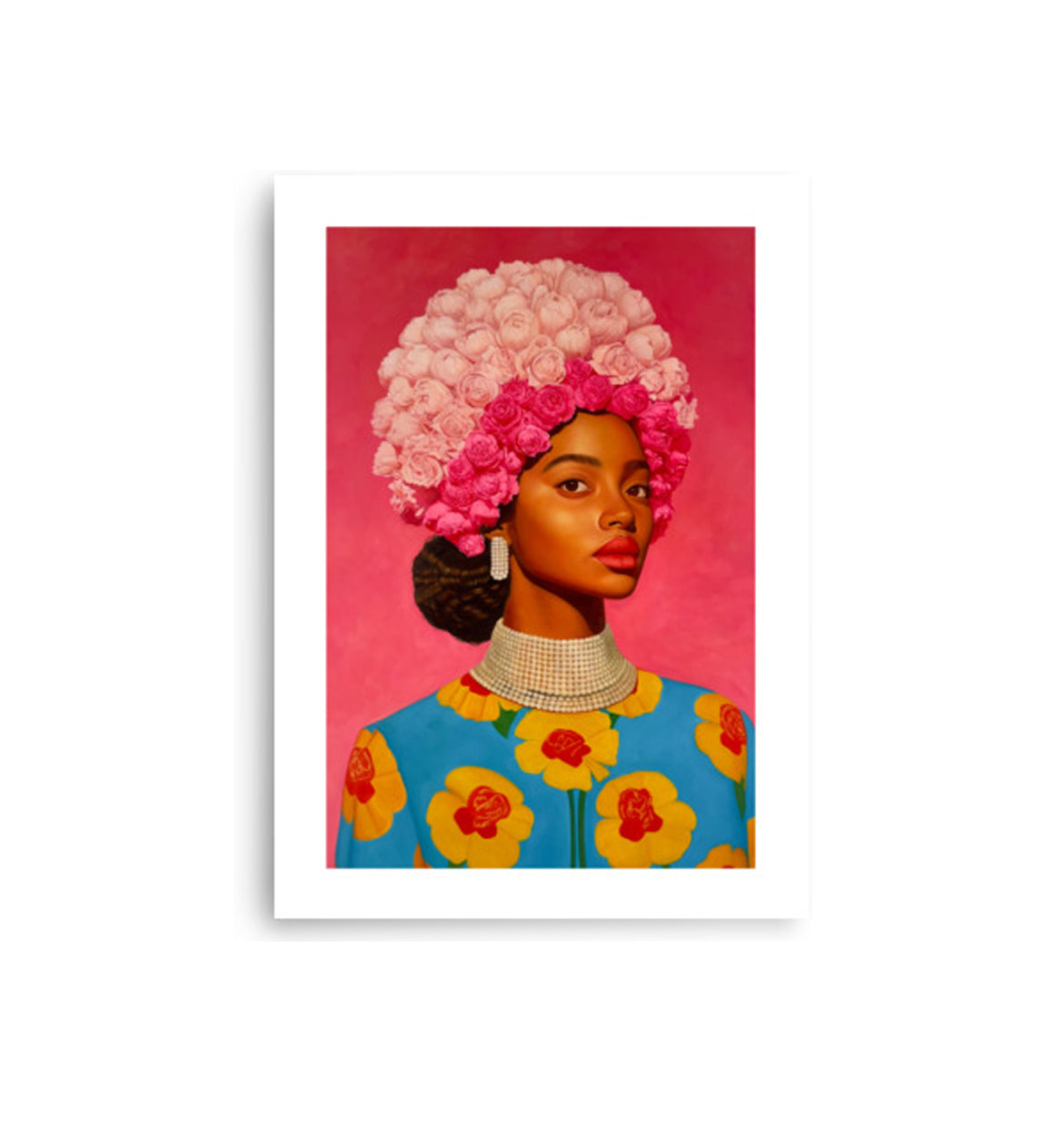 MEFREEK Seth Jennemann Open Edition Print A Smile That Came With Strings Attached unframed art print showing a hyperreal portrait of a composed woman with a floral crown and pearl jewelry, wearing a bright blue dress with yellow flowers, surreal modern oil painting with rich pink tones.