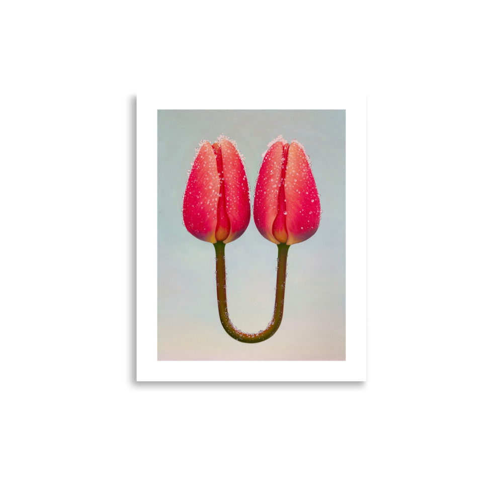 MEFREEK Seth Jennemann Open Edition Print A Tether Doesn’t Mean You’re Connected unframed art print with twin pink tulip blossoms joined by a single U-shaped green stem, photoreal pop surrealist floral composition with pastel tones and smooth gradients.