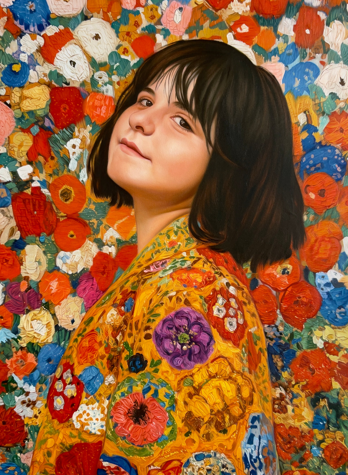 MEFREEK Seth Jennemann Original Oil Painting "A Fire Escape Made Of Punchlines AKA A Life Jacket Full Of Laughter" depicting a young brunette woman with a chin-length bob and bangs, looking back over her shoulder with a subtle smile. She wears a vibrant golden-yellow floral garment covered in colorful blossoms, including purple, red, orange, and blue flowers. Behind her, a densely layered floral background features richly textured impasto brushstrokes in warm oranges, bright reds, creamy whites, deep blues,