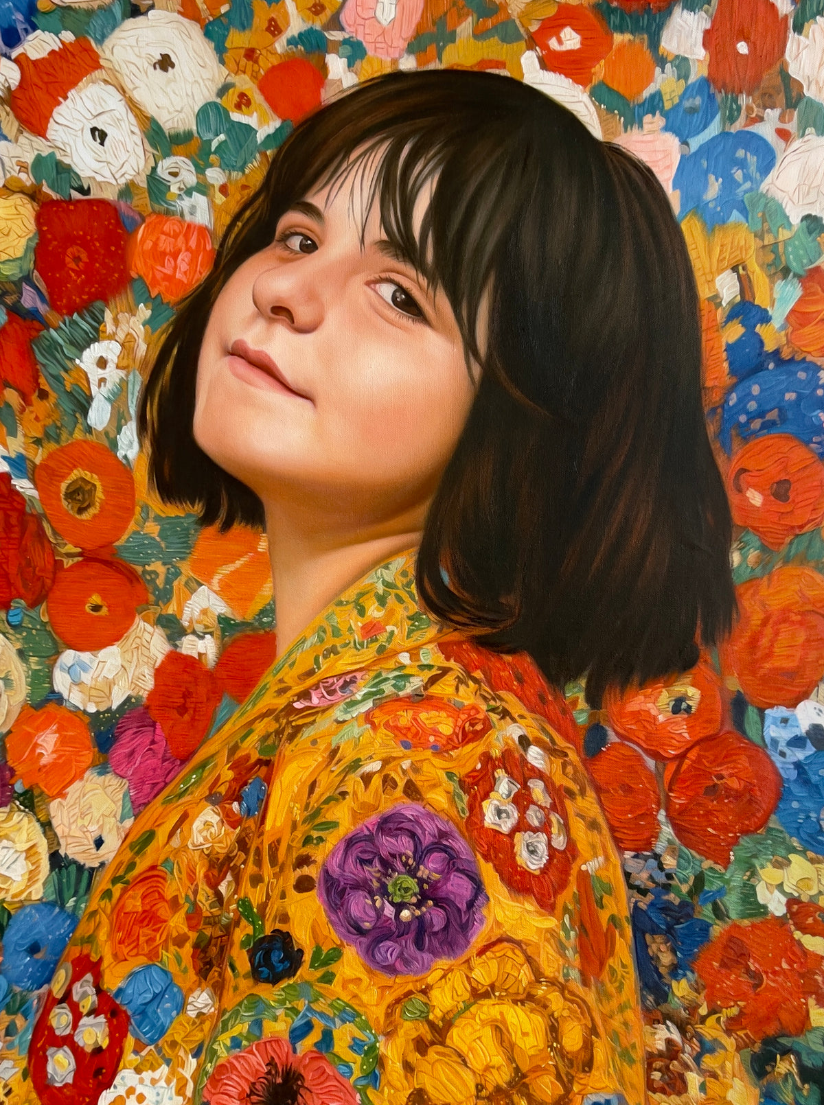 MEFREEK Seth Jennemann Original Oil Painting "A Fire Escape Made Of Punchlines AKA A Life Jacket Full Of Laughter" showcasing a detailed portrait of a dark-haired woman with soft brown eyes, delicate features, and a playful, understated smile. Her face is turned toward the viewer while her body angles away, revealing a richly patterned golden-yellow floral garment with prominent purple, coral, and orange blossoms. A vibrant backdrop of densely packed, textured flowers surrounds her, blending vivid reds, blu