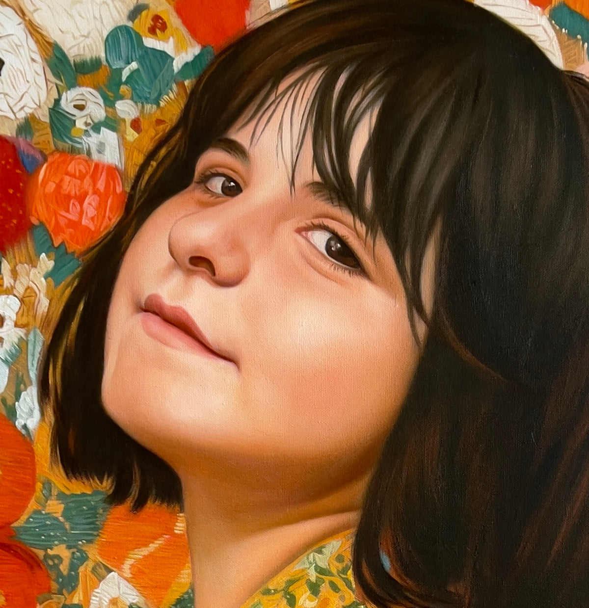 MEFREEK Seth Jennemann Original Oil Painting "A Fire Escape Made Of Punchlines AKA A Life Jacket Full Of Laughter" featuring a hyperrealistic close-up portrait of a young woman with a dark brown bob haircut, wispy bangs, expressive brown eyes, and softly parted lips. Her head tilts upward against a vibrant floral background of thick, textured oil paint in orange, red, yellow, teal, and white. The contrast between her smoothly rendered skin and the bold, impasto flowers creates a striking combination of phot