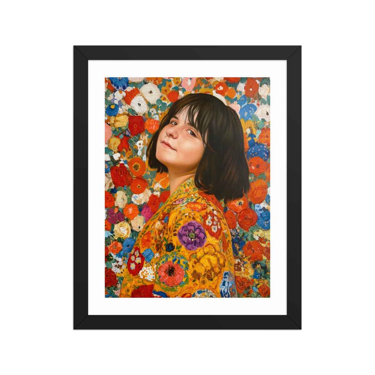 MEFREEK Seth Jennemann Open Edition Art Prints A Fire Escape Made Of Punchlines AKA A Life Jacket Full Of Laughter – Framed fine art portrait print in a black frame with a white border, featuring a dark-haired woman in a vibrant yellow-orange floral garment against a densely textured background of colorful red, blue, orange, pink and white flowers.