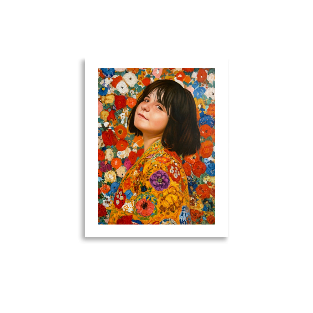 MEFREEK Seth Jennemann Open Edition Art Prints A Fire Escape Made Of Punchlines AKA A Life Jacket Full Of Laughter – Unframed fine art portrait print with a white border, showing a dark-haired woman looking over her shoulder in a vivid yellow floral garment that blends into a lush, densely painted background of red, orange, blue, purple and white blossoms.