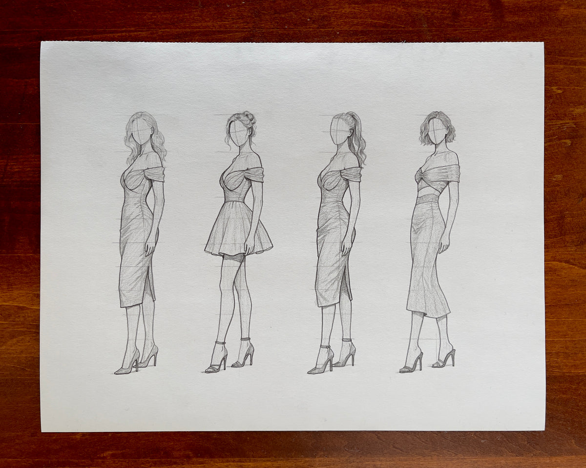 MEFREEK Seth Jennemann Original Pencil Drawing A Poorly Researched Autobiography – Fashion croquis sketch featuring four full-body female figures arranged side by side on white drawing paper. Each faceless figure models a different off-the-shoulder dress design, including fitted knee-length dresses, a short flared dress, and a longer asymmetrical silhouette. The women wear high heels and have varied hairstyles, including loose waves, an updo, a ponytail, and a short bob. Delicate graphite outlines, light cr