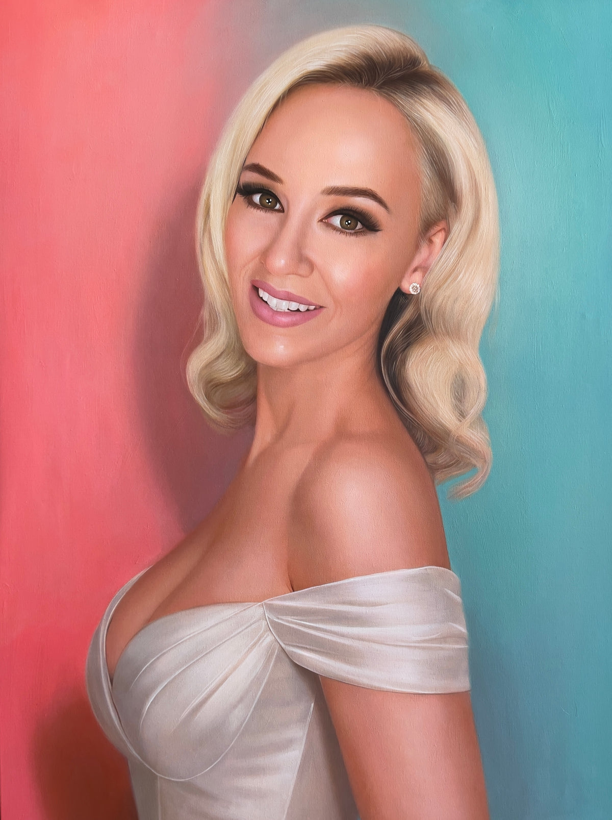 MEFREEK Seth Jennemann Original Oil Painting "A Poorly Researched Autobiography" featuring a close-up portrait of a smiling blonde woman with softly curled platinum hair, expressive brown eyes, dramatic winged eyeliner, pink lipstick, and sparkling stud earrings against a vibrant coral pink and turquoise gradient background.