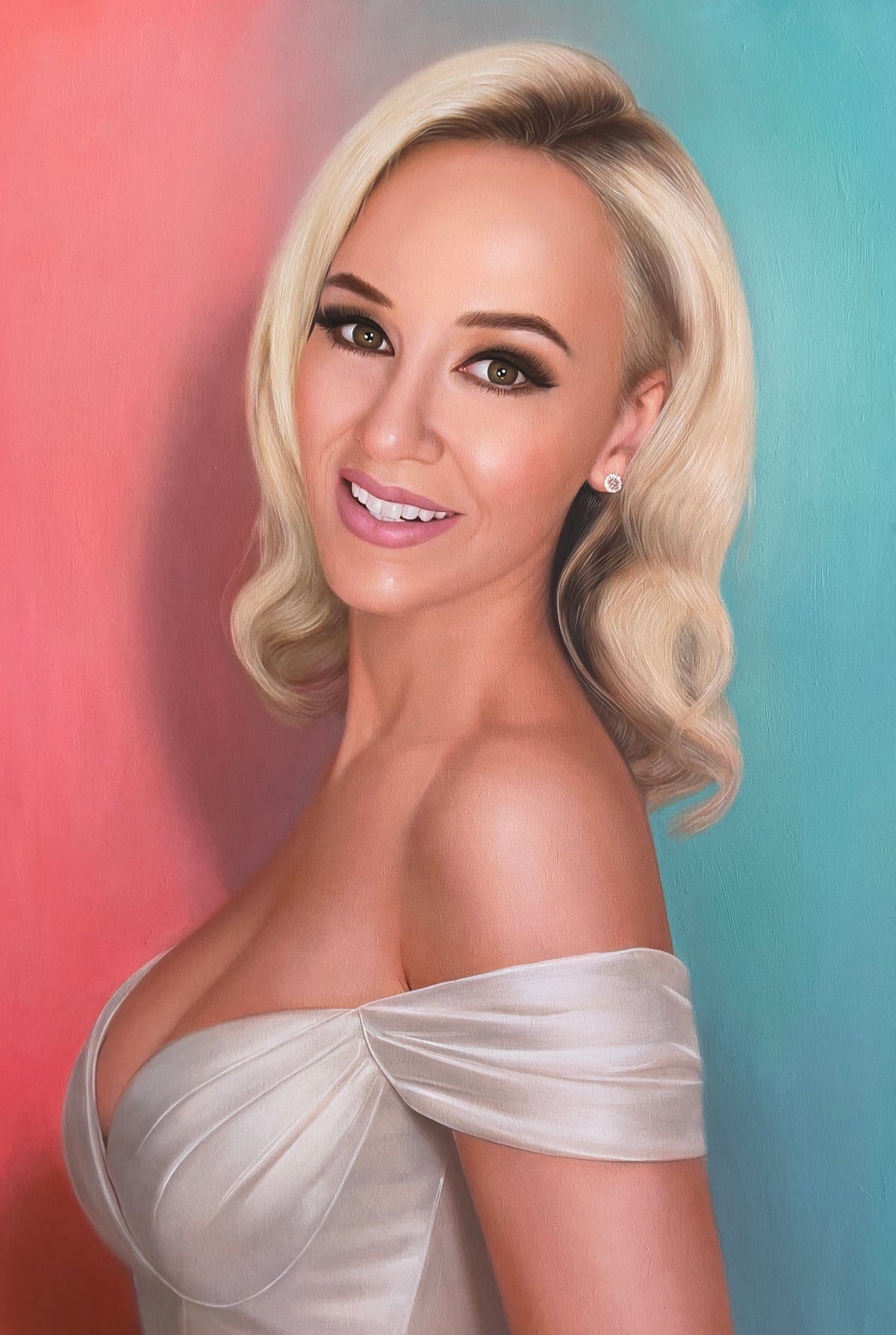 MEFREEK Seth Jennemann Original Oil Painting "A Poorly Researched Autobiography" depicting a blonde woman in an elegant off-the-shoulder white dress with delicately rendered folds and soft draping. Her platinum blonde hair falls in vintage-inspired waves as she turns toward the viewer with a gentle smile, set against a colorful coral pink and turquoise gradient background.