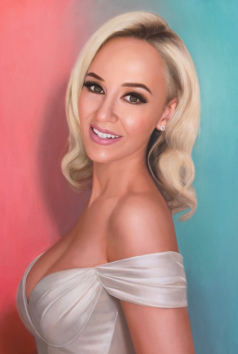 MEFREEK Seth Jennemann Original Oil Painting "A Poorly Researched Autobiography" depicting a blonde woman in an elegant off-the-shoulder white dress with delicately rendered folds and soft draping. Her platinum blonde hair falls in vintage-inspired waves as she turns toward the viewer with a gentle smile, set against a colorful coral pink and turquoise gradient background.