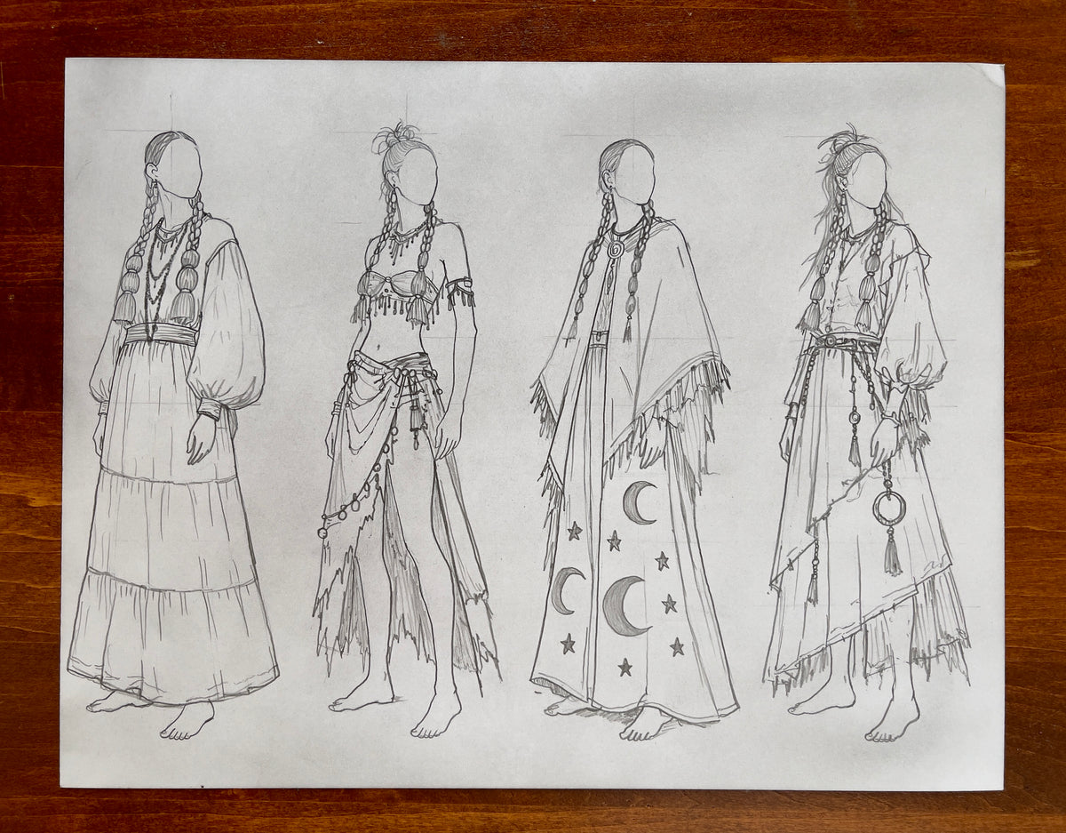 MEFREEK Seth Jennemann Original Pencil Drawing Afterlife Of Small Talk – Graphite pencil fashion croquis featuring four full-length, faceless female figures arranged side by side, each wearing a distinct bohemian-inspired outfit with elaborate jewelry, braided hairstyles, and flowing fabrics. The first wears a long, tiered dress with voluminous sleeves, layered necklaces, and two thick braids ending in oversized tassels. The second wears a fringed, off-the-shoulder crop top with decorative beadwork and an a
