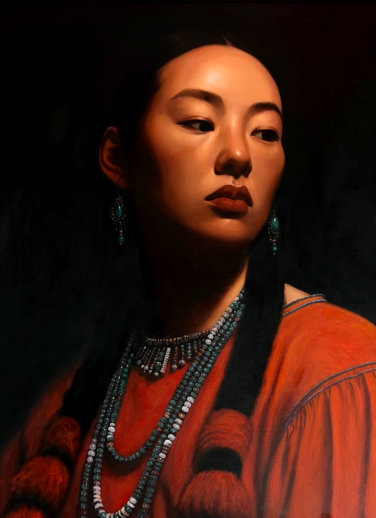 MEFREEK Seth Jennemann Original Oil Painting "Afterlife Of Small Talk" depicting a dark-haired woman in a striking three-quarter portrait, wearing a richly colored burnt-orange garment with decorative stitching and long black braids adorned with rust-colored wraps. Her head turns toward the right as her eyes glance sideways, creating a contemplative, reserved expression. Elaborate turquoise earrings, layered turquoise and white beaded necklaces, and a detailed beaded collar provide intricate accents against