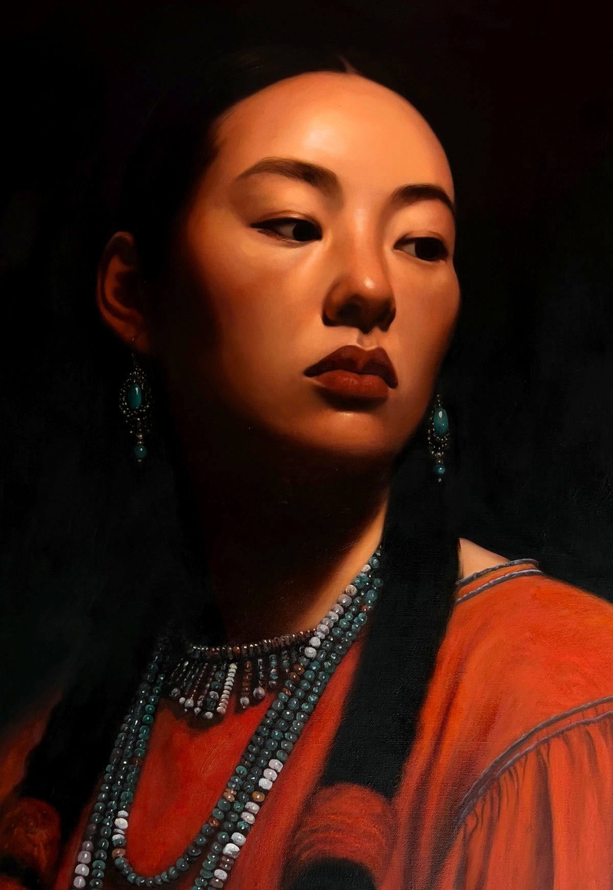 MEFREEK Seth Jennemann Original Oil Painting "Afterlife Of Small Talk" showcasing a realistic portrait of a dark-haired woman with softly illuminated golden-brown skin, dark expressive eyes, and deep reddish-brown lips. Her face is angled slightly downward as she looks toward the right with a composed, introspective expression. Delicate turquoise drop earrings and multiple strands of turquoise, white, and dark beads contrast with her vivid rust-orange garment. Long black braids fall across her shoulders, ac