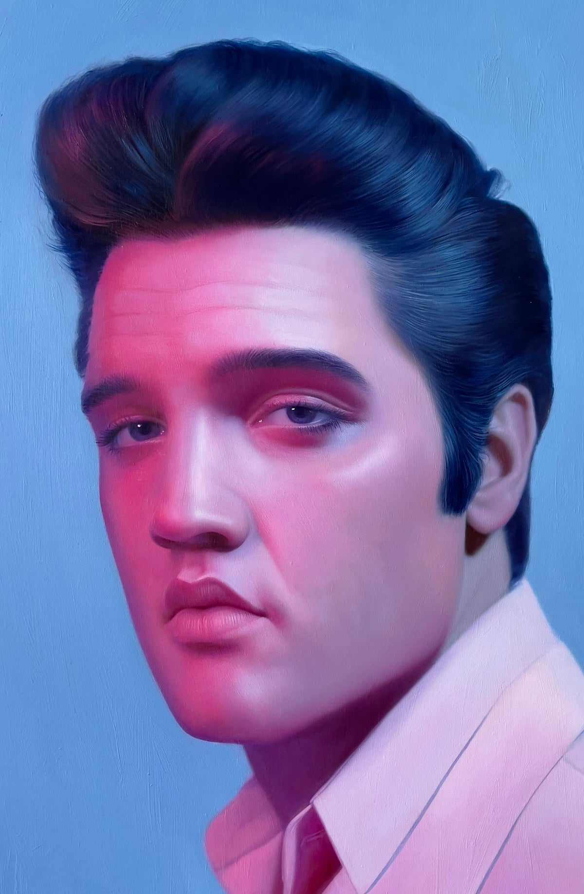 MEFREEK Seth Jennemann Original Oil Painting hyperrealistic portrait of Elvis Presley turned slightly to the side with refined facial features and iconic hairstyle wearing a light shirt bathed in dramatic pink and blue lighting creating a nostalgic cinematic atmosphere with soft background gradients and highly polished realism