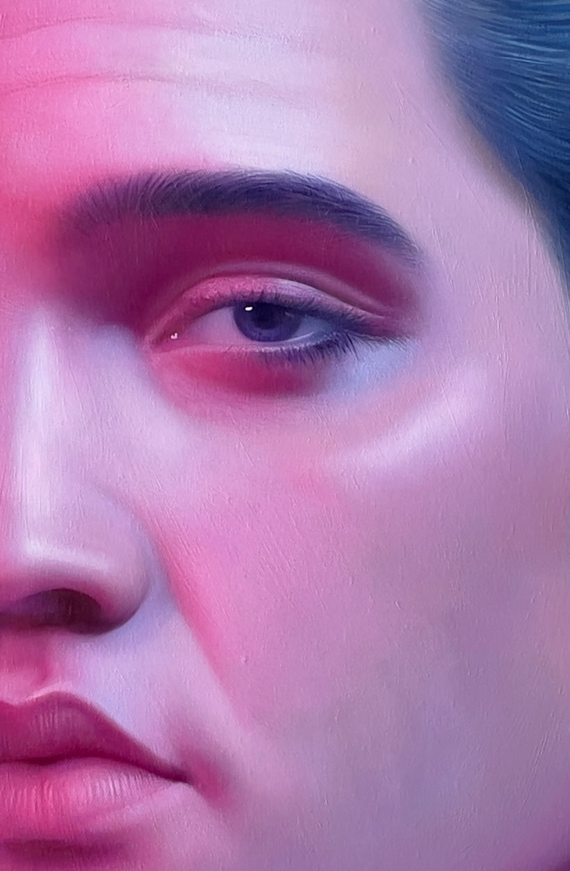 MEFREEK Seth Jennemann Original Oil Painting hyperrealistic close-up portrait of Elvis Presley featuring detailed skin texture focused on the eye brow and cheek illuminated by vivid pink and blue lighting creating a surreal neon glow with smooth oil blending and a soft muted background