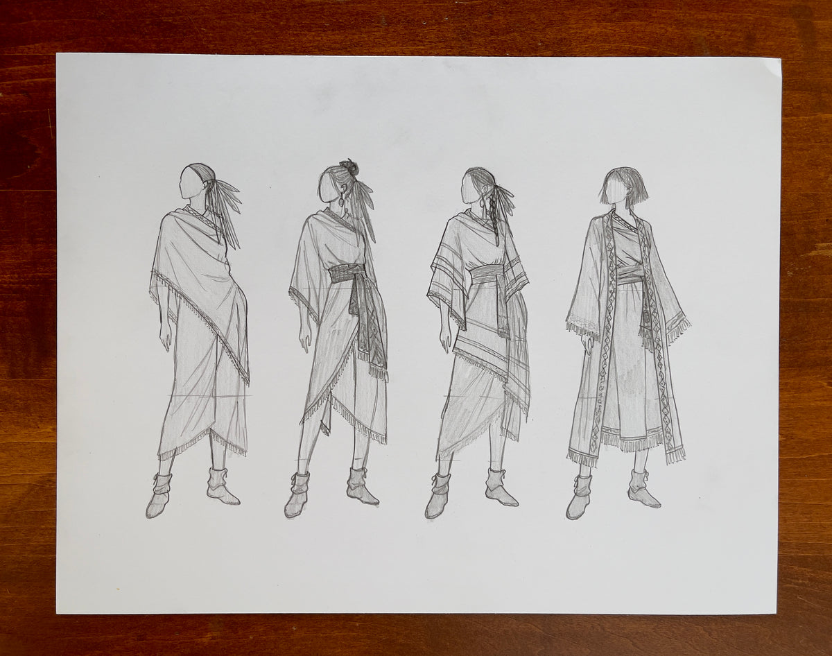 MEFREEK Seth Jennemann Original Pencil Drawing An Official Guide To Personal Taste – Graphite pencil fashion croquis featuring four full-length, faceless female figures arranged side by side, each modeling a different variation of flowing, asymmetrical garments inspired by traditional draped clothing. The first wears a loosely wrapped shawl over a long, layered dress with diagonal fringe detailing. The second features a belted, asymmetrical wrap dress with decorative patterned trim and hanging tassels. The 
