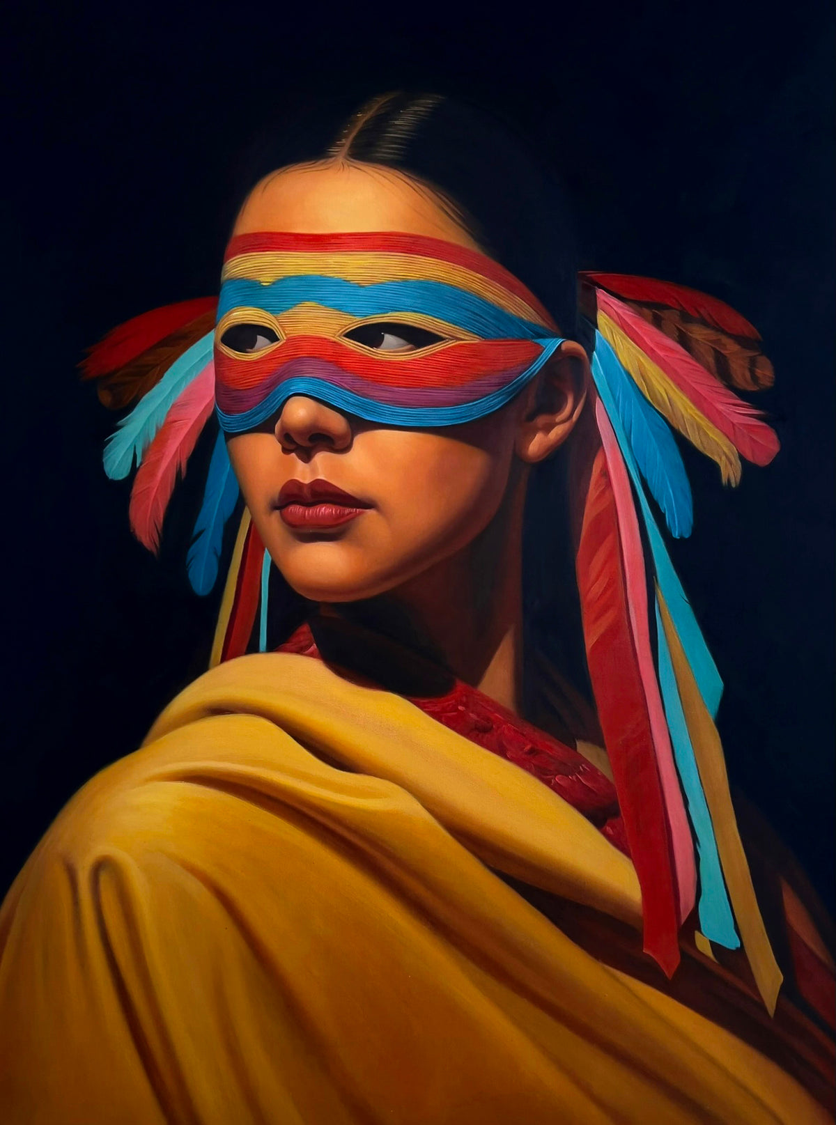 MEFREEK Seth Jennemann Original Oil Painting An Official Guide To Personal Taste depicting a dark-haired native woman looking over her shoulder in a striped mask with red, yellow, turquoise, and purple bands, feathers, ribbons, and golden fabric