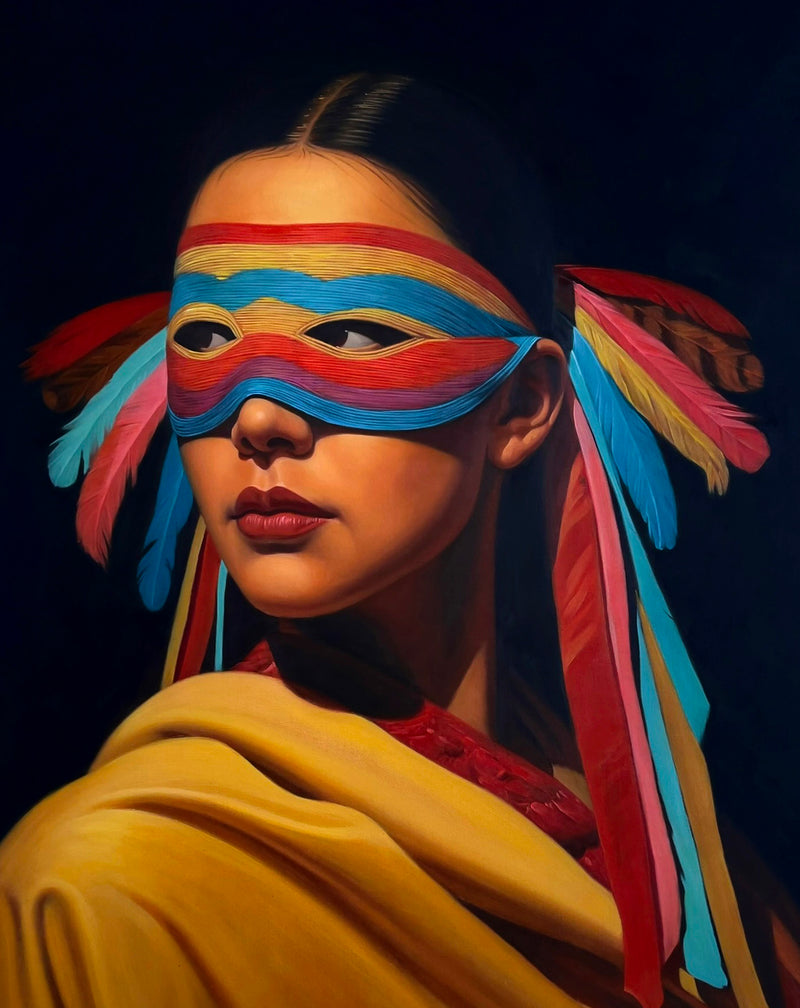 MEFREEK Seth Jennemann Original Oil Painting "An Official Guide To Personal Taste" showcasing a realistic portrait of a brunette woman wearing an elaborate multicolored eye mask with finely detailed horizontal stripes in red, yellow, blue, and purple. Her dark eyes look toward the left through almond-shaped openings, while vibrant feathers and long ribbons in turquoise, coral, pink, and gold cascade from both sides of the mask. A mustard-yellow draped garment frames her shoulders, with deep red fabric visib