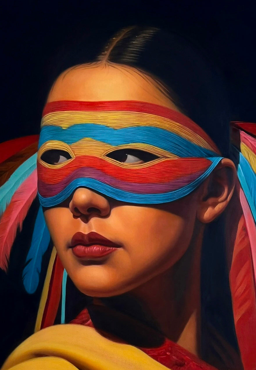 MEFREEK Seth Jennemann Original Oil Painting "An Official Guide To Personal Taste" featuring a hyperrealistic close-up portrait of a dark-haired woman wearing a vibrant, multicolored striped eye mask in red, yellow, turquoise blue, and purple. Her brown eyes glance sideways through narrow openings in the intricately layered mask, while colorful feathers in pink, blue, red, and yellow extend from either side. Warm, realistic skin tones, softly defined lips, and dramatic lighting contrast against a deep black