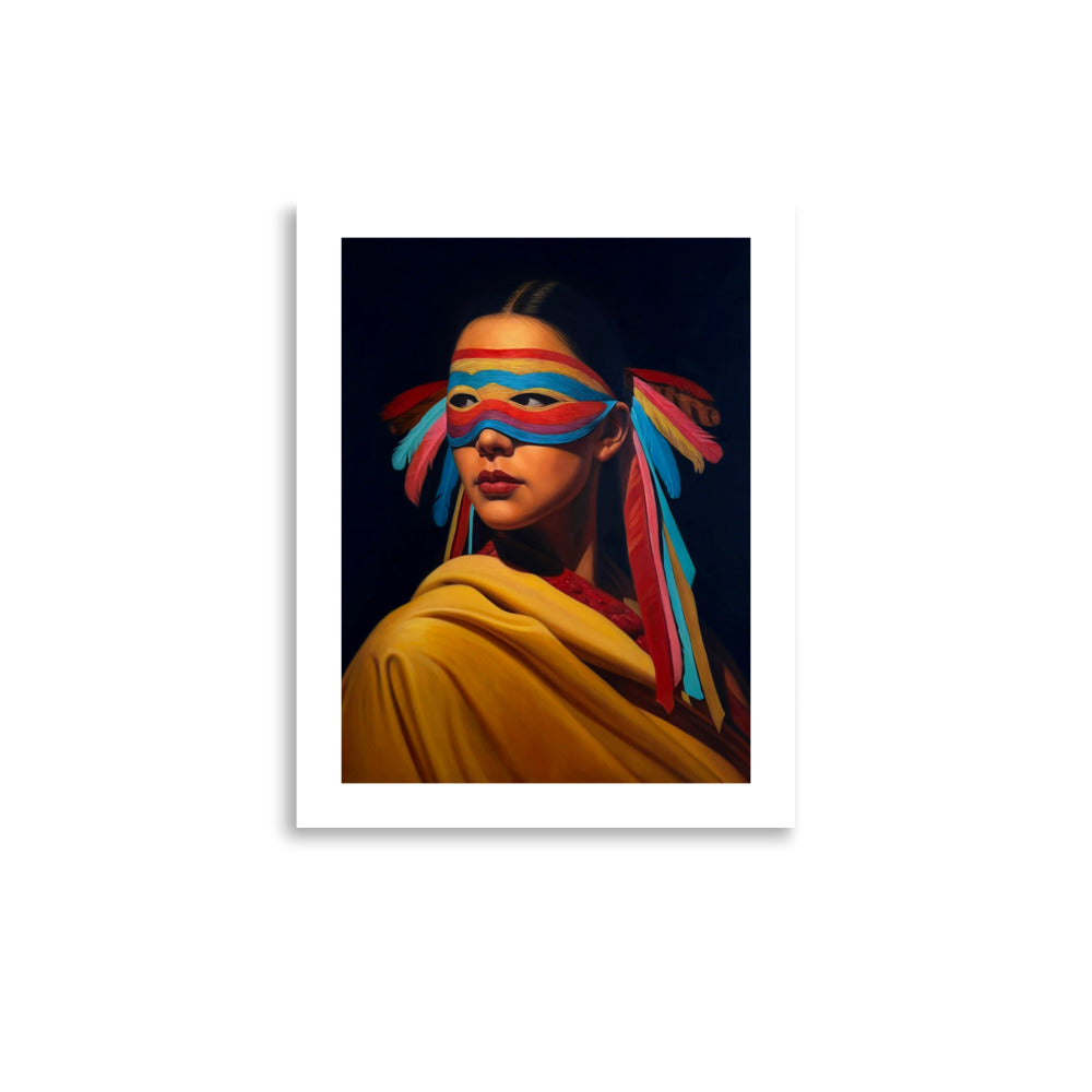 MEFREEK Seth Jennemann Open Edition Art Prints An Official Guide To Personal Taste – Unframed fine art print with a clean white border, depicting a woman with dark hair and a colorful striped masquerade-style eye mask adorned with red, turquoise, pink, and yellow feathers and ribbons, wearing a flowing golden yellow shawl against a dramatic dark blue background.