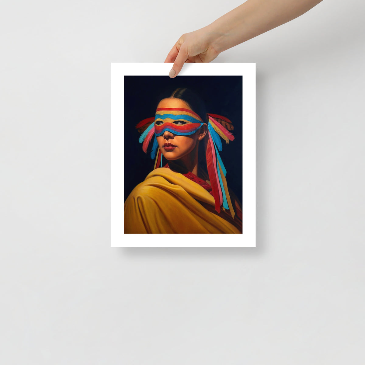 MEFREEK Seth Jennemann Open Edition Art Prints An Official Guide To Personal Taste – Unframed fine art print held by hand against a light gray background, showing a woman in a golden yellow draped garment wearing a bold multicolored feathered mask with long flowing ribbons, her face turned to the side against a rich navy blue backdrop.