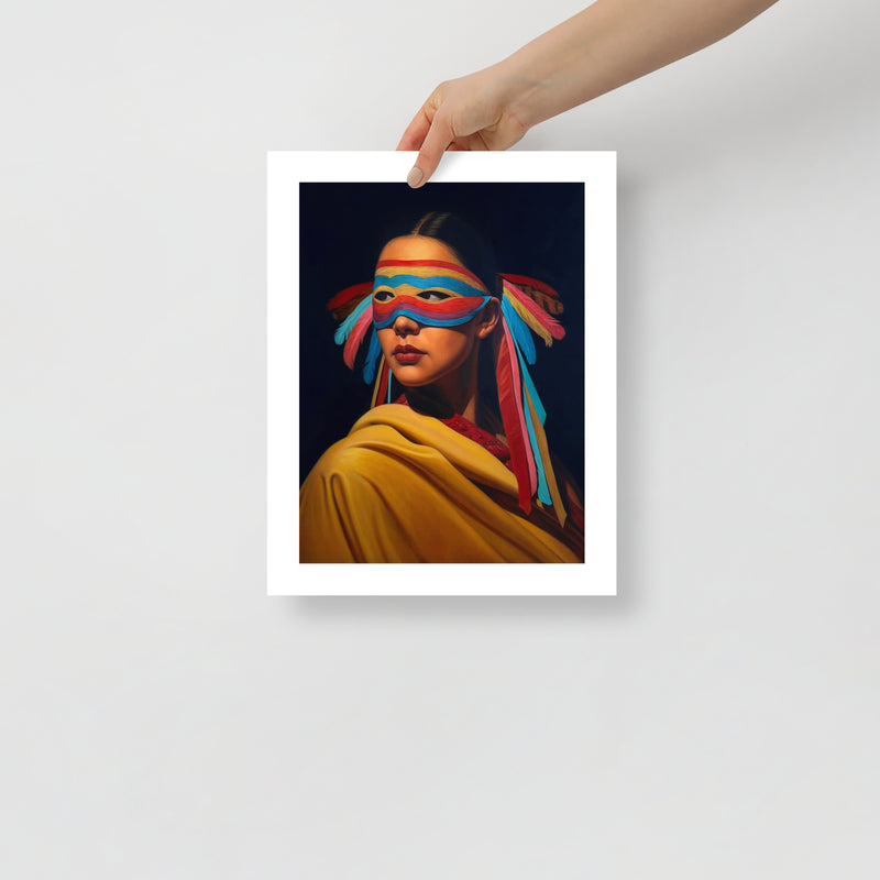 MEFREEK Seth Jennemann Open Edition Art Prints An Official Guide To Personal Taste – Unframed fine art print held by hand against a light gray background, showing a woman in a golden yellow draped garment wearing a bold multicolored feathered mask with long flowing ribbons, her face turned to the side against a rich navy blue backdrop.