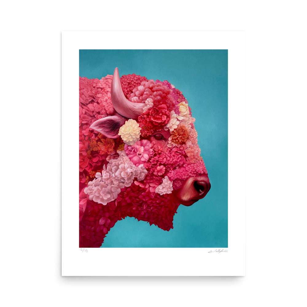 MEFREEK Seth Jennemann Limited Edition Print stylized side profile of a bison buffalo composed entirely of layered pink and red flowers with soft gradients intricate petal detail and organic texture set against a smooth teal background with a clean white border