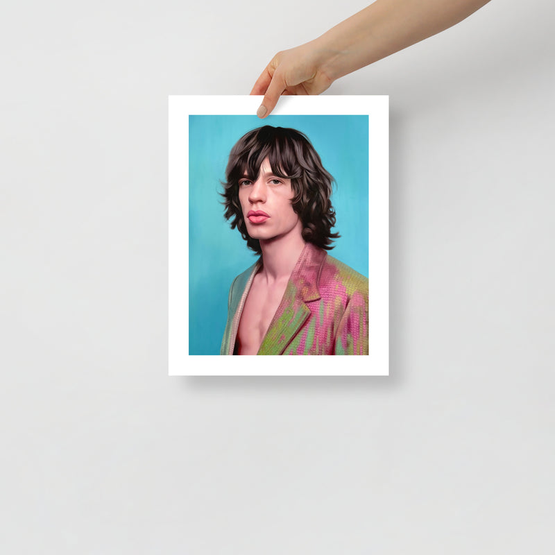 MEFREEK Seth Jennemann Open Edition Print hyper realistic portrait of Mick Jagger of the Rolling Stones with signature shaggy hair and expressive features, vibrant teal background and patterned jacket, shown as a physical fine art print held by a hand against a clean minimal background