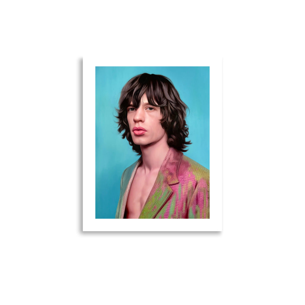 MEFREEK Seth Jennemann Open Edition Print portrait of Mick Jagger of the Rolling Stones with shaggy dark hair and iconic expression, hyper realistic oil painting style with smooth gradients, vivid teal background and a colorful textured jacket Beast Of Reassembled Burden