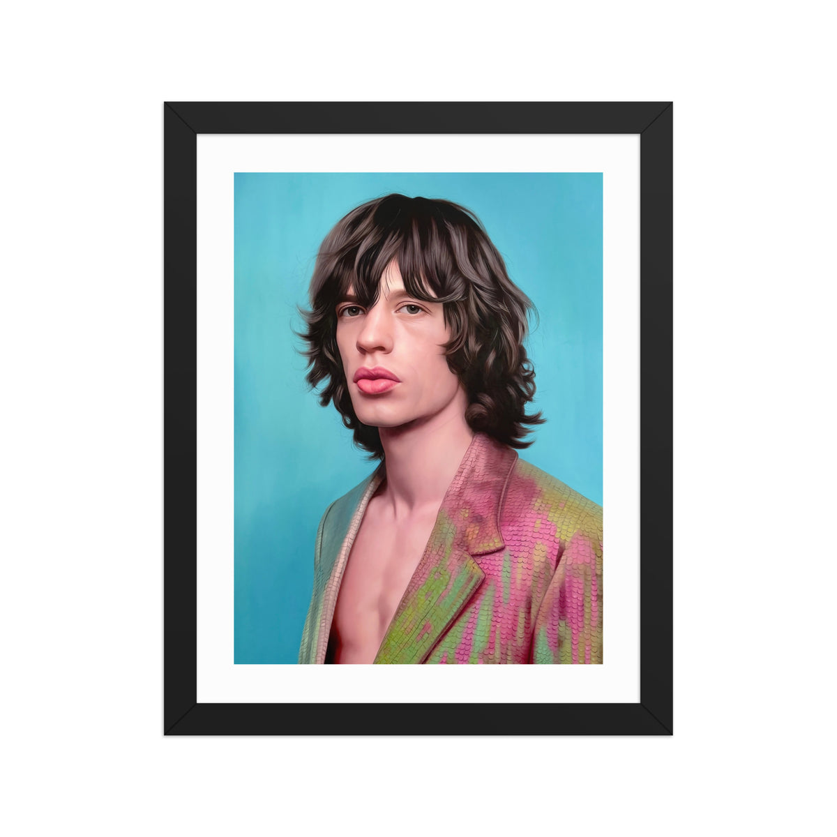 MEFREEK Seth Jennemann Open Edition Framed Print, hyperreal portrait of Mick Jagger of The Rolling Stones with shaggy dark hair and distinctive features, wearing a colorful textured jacket, set against a smooth blue background with soft studio lighting, contemporary fine art with a polished surreal edge