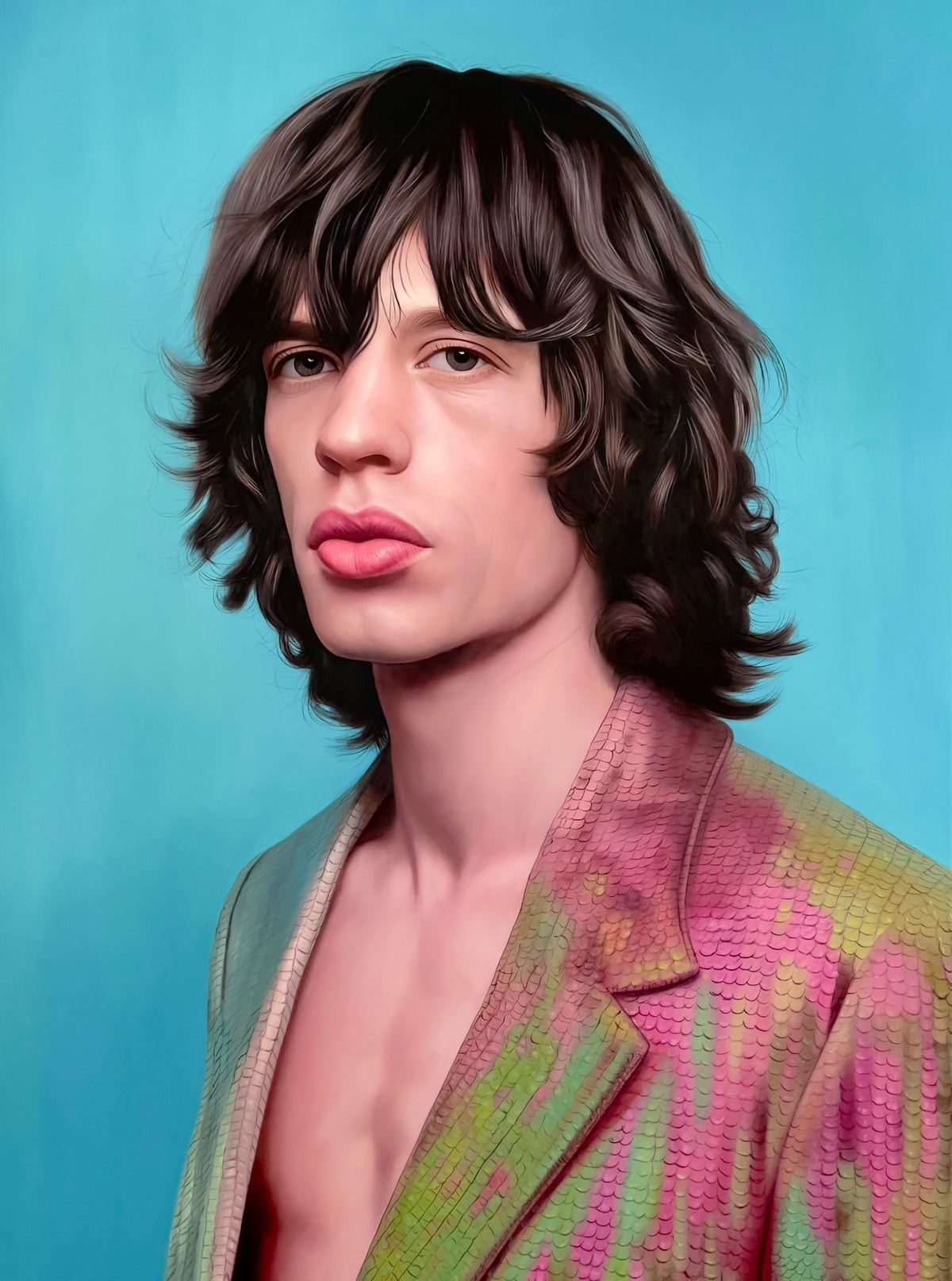 MEFREEK Seth Jennemann Original Oil Painting hyperrealistic portrait of Mick Jagger of The Rolling Stones featuring shaggy dark hair angular facial structure and iconic full lips wearing an iridescent textured jacket in shifting pink green and gold hues against a smooth turquoise background with subtle gradients emphasizing depth lighting and precision