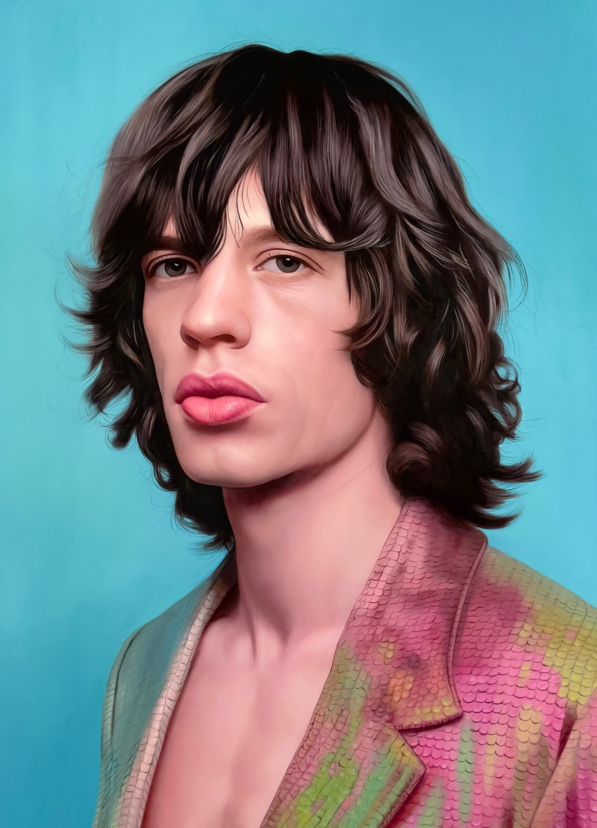 MEFREEK Seth Jennemann Original Oil Painting close up hyperrealistic portrait of Mick Jagger of The Rolling Stones with layered shaggy dark hair expressive eyes and signature lips wearing an iridescent textured jacket in pink green and gold tones set against a luminous turquoise background highlighting smooth blending fine detail and lifelike realism