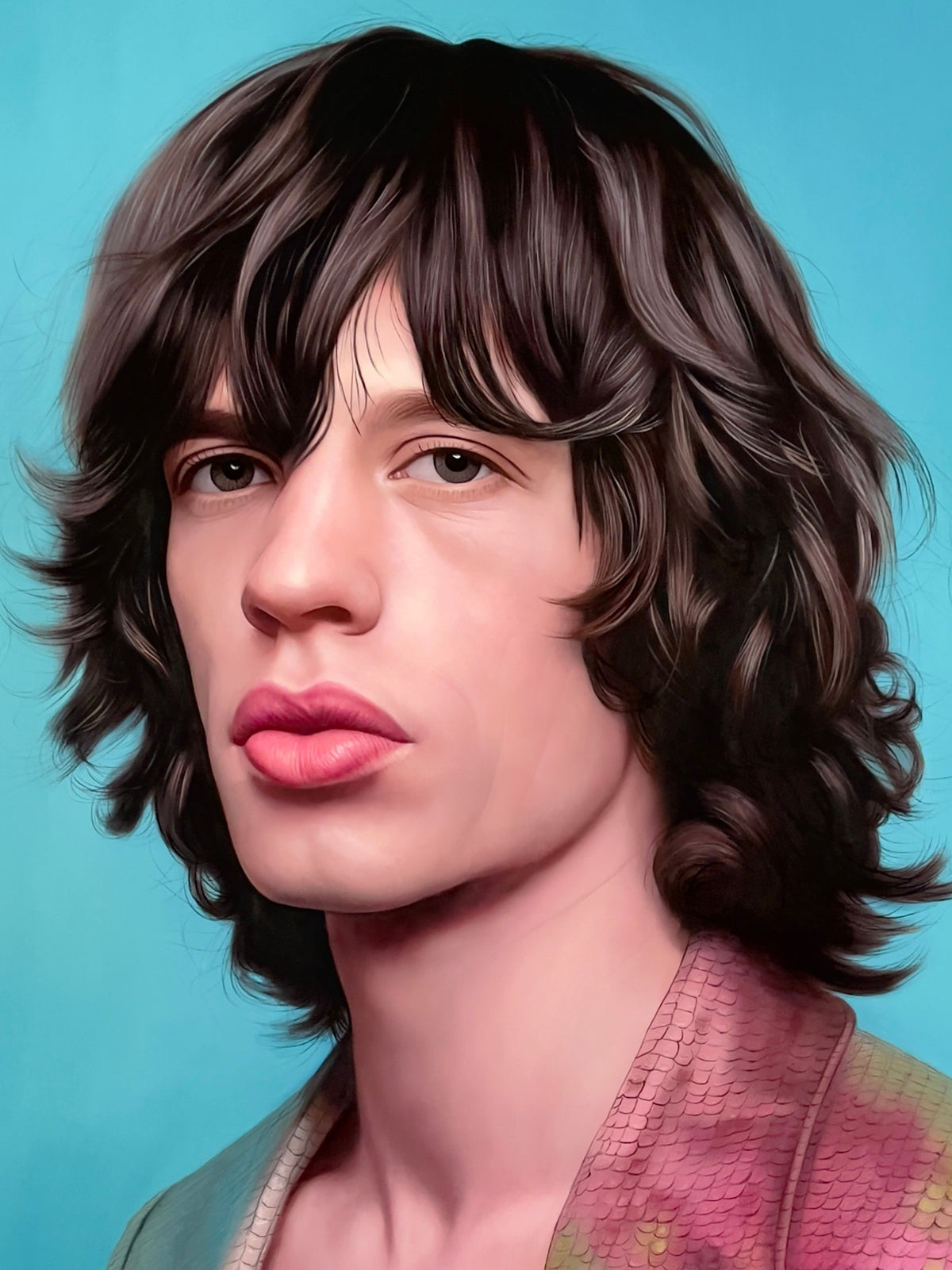 MEFREEK Seth Jennemann Original Oil Painting extreme close up hyperrealistic portrait of Mick Jagger of The Rolling Stones focusing on facial detail including skin texture subtle highlights and shadows and iconic lips framed by shaggy dark hair with a turquoise gradient background emphasizing precision realism and refined color transitions