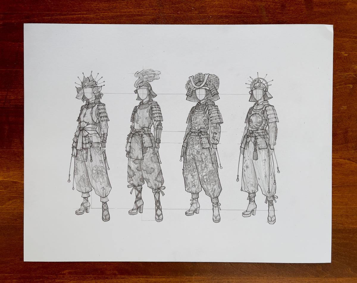 MEFREEK Seth Jennemann Original Pencil Drawing Best Wishes From A Safe Distance – Graphite pencil fashion croquis featuring four full-length female figures wearing imaginative Japanese samurai-inspired armor with elaborate decorative helmets and floral-patterned garments. Each faceless figure presents a distinct variation of the warrior-inspired ensemble, combining traditional armor elements with contemporary fashion silhouettes. The first features a spiked floral helmet, layered shoulder armor