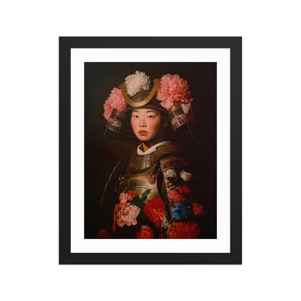 MEFREEK Seth Jennemann Open Edition Art Prints Best Wishes From A Safe Distance – Framed fine art portrait print displayed in a black frame with a white mat, depicting a Japanese woman wearing elaborate bronze and gold samurai armor decorated with colorful chrysanthemums. Oversized pink and white flowers surround her traditional helmet, contrasting with the painting's deep brown and black background.