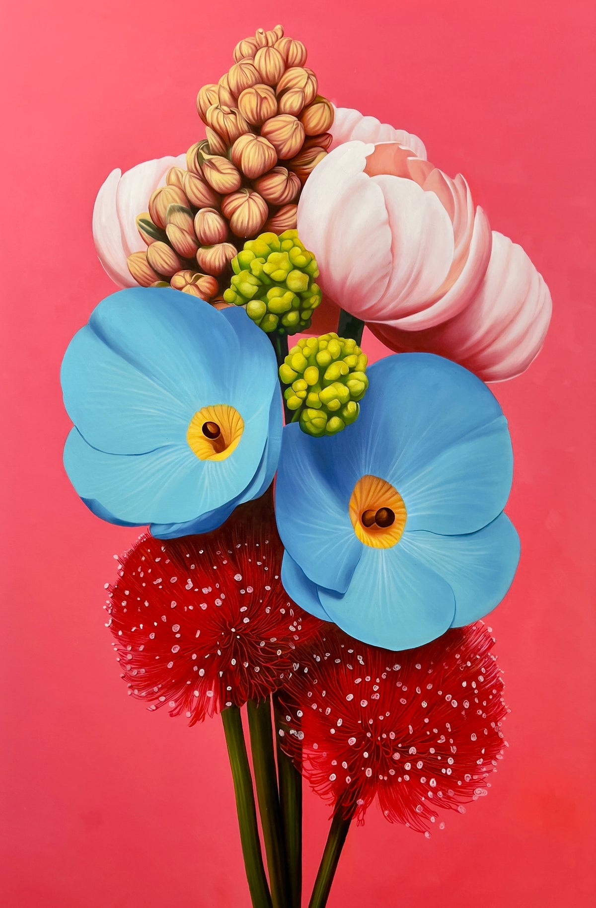 MEFREEK Seth Jennemann Bless This Mess Painting surreal bouquet of blue calla lilies, pink tulips, green buds, and red powder puff flowers, hyperreal oil painting with smooth blending and vibrant coral background, contemporary botanical still life