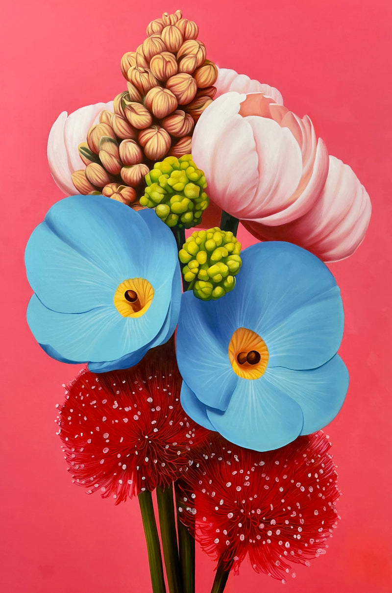 MEFREEK Seth Jennemann Bless This Mess Painting hyperreal floral arrangement with blue calla lilies, pink tulips, green clustered buds, and red powder puff flowers, surreal botanical oil painting on bright coral background with vivid colors and smooth gradients
