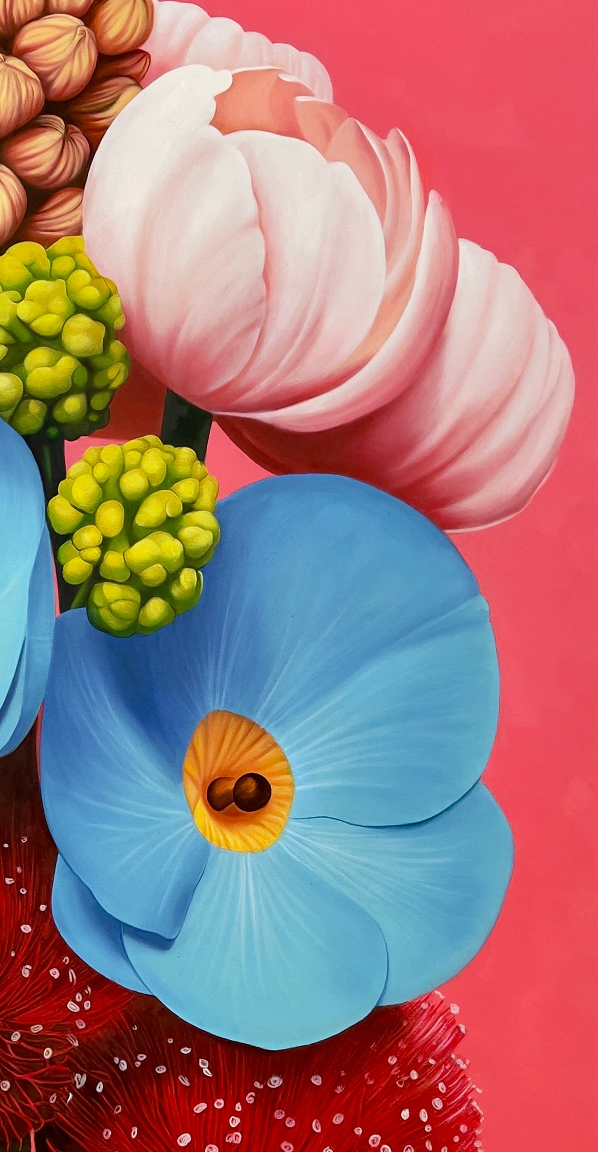 MEFREEK Seth Jennemann Bless This Mess Painting close up of surreal blue calla lily flower with yellow center, soft pink tulip petals, bright green clustered buds, hyperreal oil painting on vivid coral background with smooth gradients and detailed botanical forms