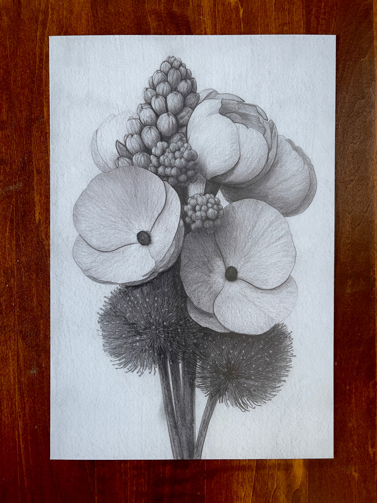 Seth Jennemann MEFREEK - Bless This Mess But Don't Touch It - graphite drawing in hyperreal botanical illustration style showing an intricate bouquet of flowers including poppy-like blooms, textured seed pods, and layered petals rendered with fine shading and tonal precision.
