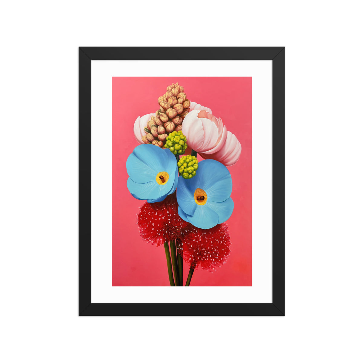 MEFREEK Seth Jennemann Open Edition Framed Print Bless This Mess, surreal floral arrangement featuring oversized blue blossoms, soft pink tulips and clustered buds rising above a vivid red textured bloom, set against a bold coral background with smooth gradients, contemporary fine art with vibrant color and crisp detail