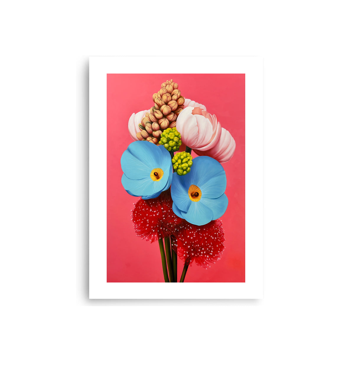 MEFREEK Seth Jennemann Open Edition Print vibrant floral still life featuring bold blue blossoms, soft pink petals, textured red flowers and clustered buds, hyper realistic oil painting style with a saturated coral pink background and crisp modern composition
