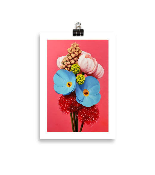MEFREEK Seth Jennemann Open Edition Print colorful floral arrangement with bright blue flowers, pink petals and red textured blooms, shown as a physical fine art print clipped and displayed against a clean neutral background