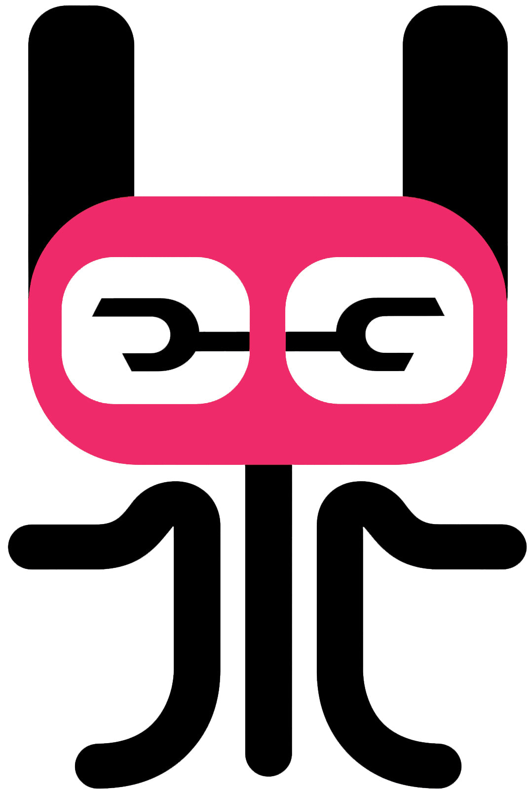 MEFREEK Seth Jennemann Jentlebot Blix – tall abstract robot with long black limbs, pink mask face featuring wrench-like eyes and tall black ears, modern minimalist vector character design.
